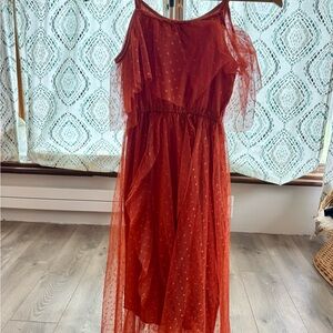 Joyfolie Rust Orange Dot Mesh Dress with Ruffle Trim